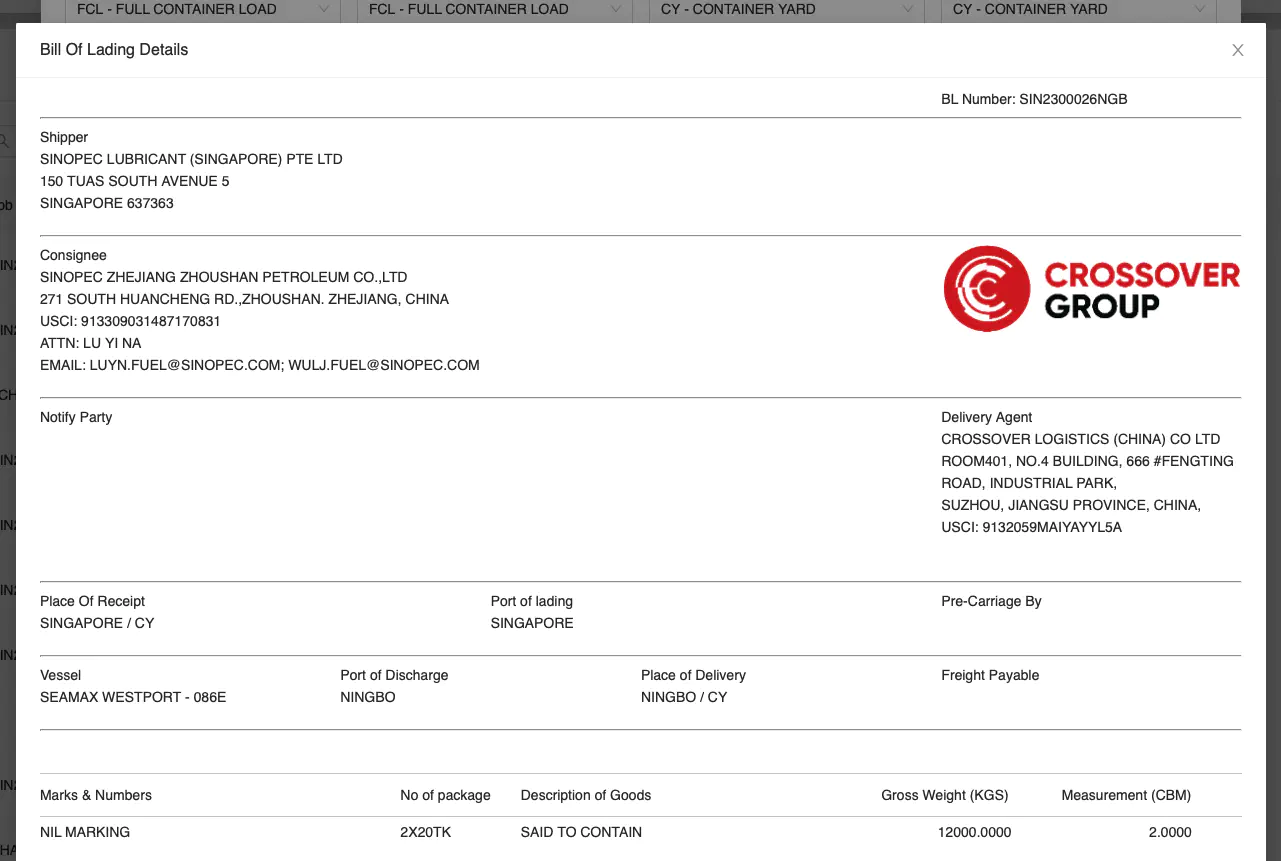 Bill of Lading Preview