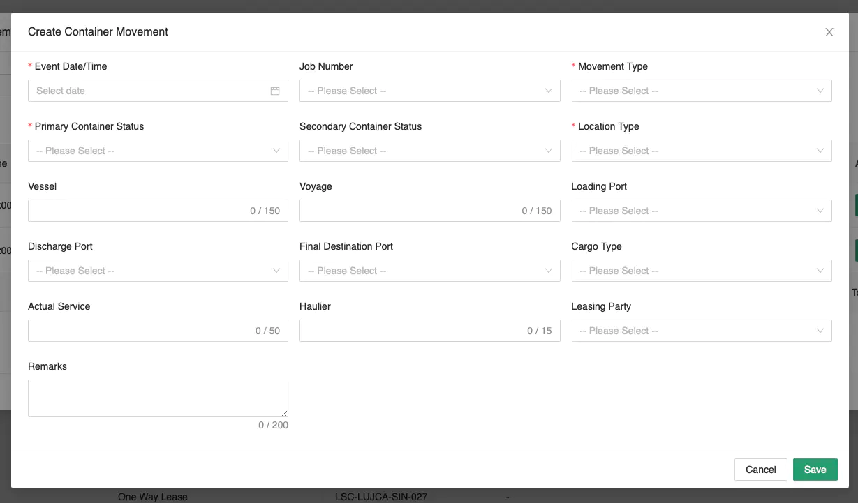 Container Movement Form