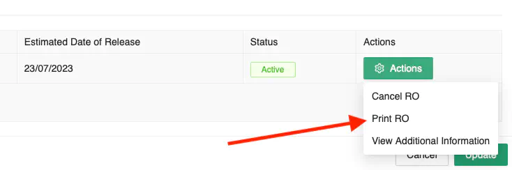 Release Order Print Menu