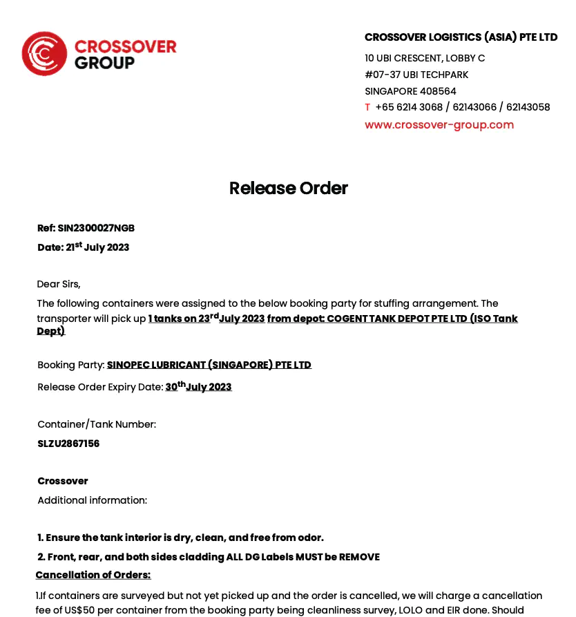 Release Order Printout