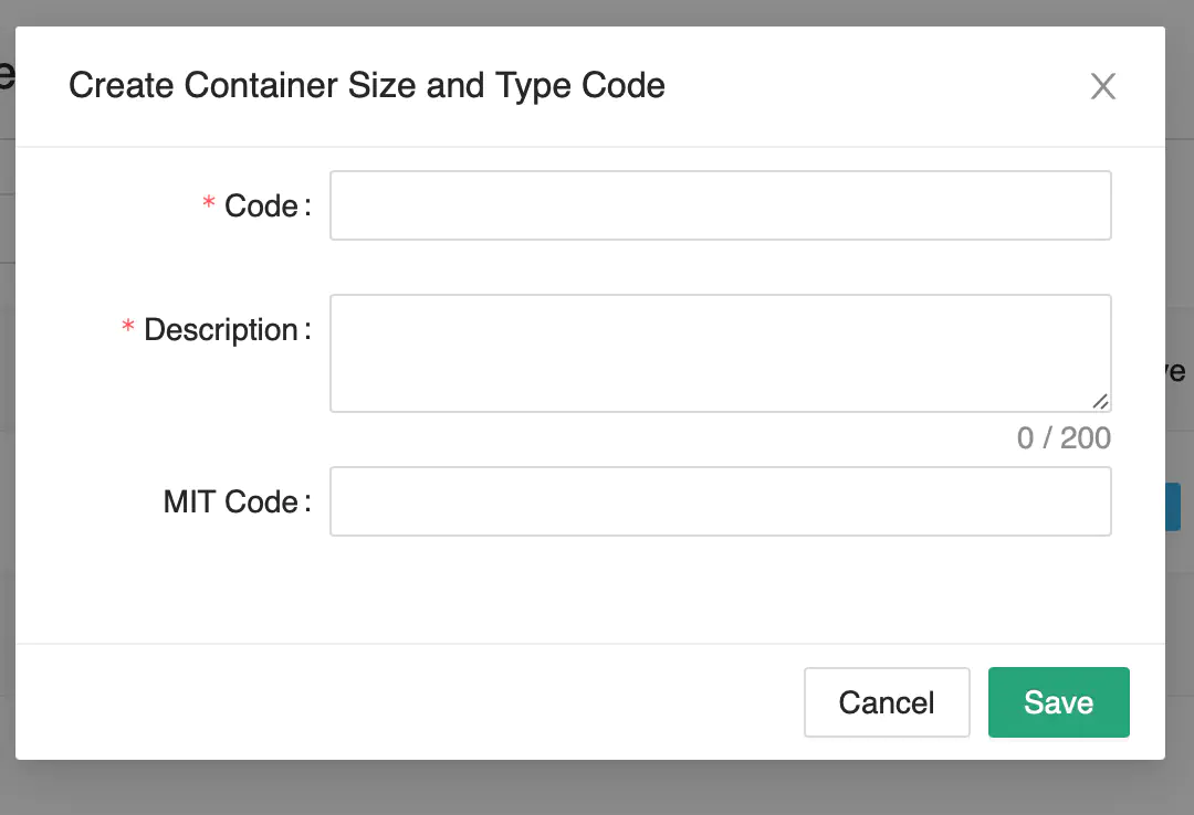 Container Size and Type Form