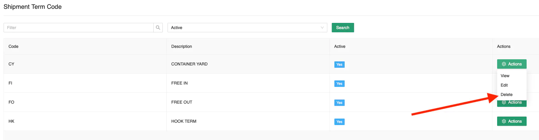 Delete Shipment Term