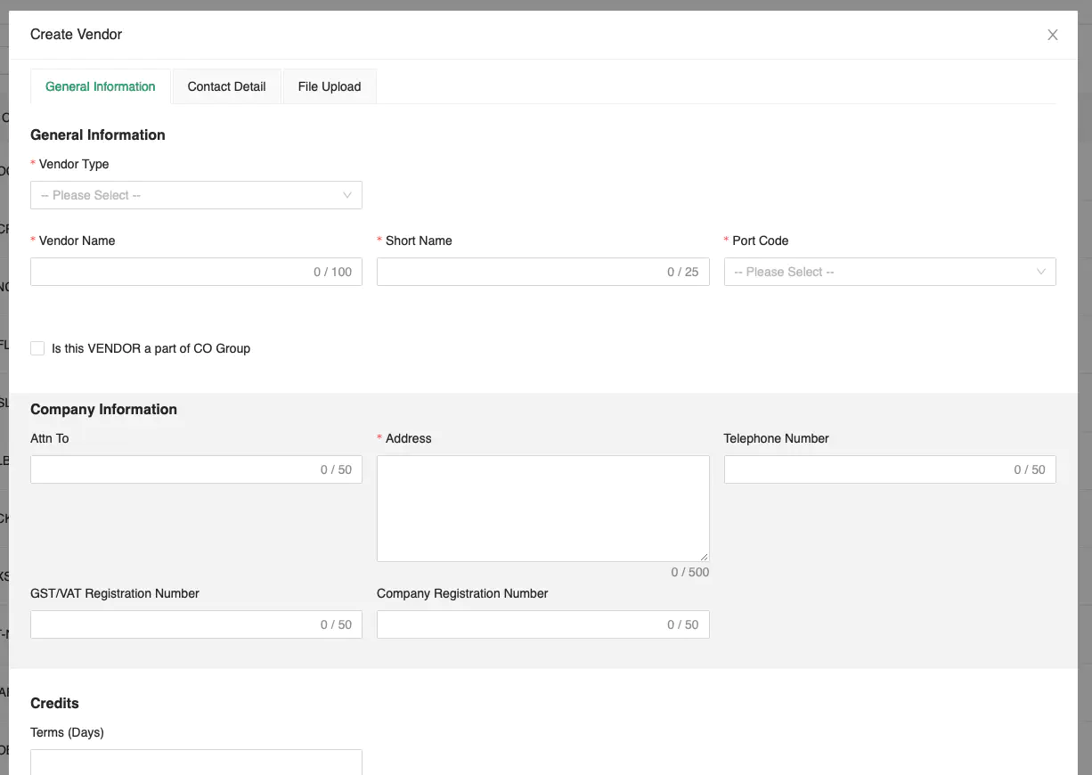 Vendor Code Form